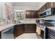 Well-lit kitchen showcasing stainless steel appliances, modern faucet, and a view to the backyard at 2803 Marathon Dr, Henderson, NV 89074
