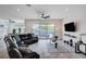 Bright living room with sliding doors to a pool, comfortable seating, and contemporary accents at 33 Reverie Heights Ave, Henderson, NV 89011
