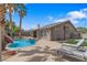 Backyard featuring a private pool, waterfall feature, patio area, and well-maintained landscaping at 7401 Bridlehorne Ave, Las Vegas, NV 89131