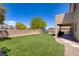 A spacious green backyard features lush artificial turf, a play structure, and a cozy patio area at 776 Flowing Meadow Dr, Henderson, NV 89014