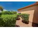 View of the back of the home with stucco exterior and mature shrubbery at 8028 Hurricane Cove Ct, Las Vegas, NV 89129
