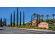 Stunning community entrance with manicured landscape, tall trees and clear blue skies at 10241 Premia Pl, Las Vegas, NV 89135