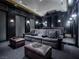 Comfortable home theater room with tiered seating, ottomans, and modern lighting at 28 Painted Feather Way, Las Vegas, NV 89135