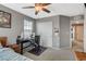 This bedroom has a ceiling fan, carpet, closet and workspace at 2853 Cabrillo Terrace St, Henderson, NV 89044