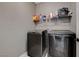 The laundry room has a gray color palette and black front load laundry machines at 2853 Cabrillo Terrace St, Henderson, NV 89044
