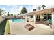 Spacious backyard with a sparkling pool and covered patio, ideal for relaxing and entertaining in the sun at 5424 Neosho St, Las Vegas, NV 89120