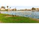 Scenic lake view with grass area where ducks and geese are gathered at 8117 Horizon Lake Dr, Las Vegas, NV 89128