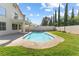 Sparkling pool surrounded by lush green grass and a concrete patio in a private backyard at 9916 Dusty Winds Ave, Las Vegas, NV 89117