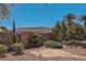 Landscaped backyard featuring desert landscaping with stone accents, mature trees, and privacy wall at 10547 Grazia Ave, Las Vegas, NV 89135