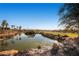 Scenic pond view showcasing the lush golf course, mature trees, and community landscaping at 10547 Grazia Ave, Las Vegas, NV 89135