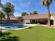 Beautiful backyard featuring a sparkling pool, lush green turf, and desert landscaping at 2022 Big Bend Way, Henderson, NV 89074