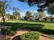 Scenic view of a community green space with lush lawns and mature trees creating a park-like setting at 2807 Camelback Ln, Henderson, NV 89074