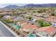 An aerial view showcasing houses with pools and covered patios in a vibrant neighborhood at 1552 Livingston Dr, Henderson, NV 89012