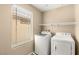 A laundry room with modern white washer and dryer, shelving, and a window at 3049 Historic Horizon Ave, Henderson, NV 89044