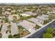 Aerial view of neighborhood showing a well-manicured landscape, mature trees, and swimming pool; lush desert setting at 616 Canyon Brook Pl, Las Vegas, NV 89145