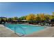 A large community pool area with multiple lounge chairs and large trees at 11242 Almador Vista Ct, Las Vegas, NV 89135