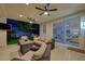 Inviting covered patio featuring comfortable seating, ceiling fans, and seamless indoor-outdoor flow at 150 Wentworth Dr, Henderson, NV 89074