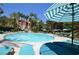 Large outdoor pool with lounge seating and vibrant umbrellas at 210 E Flamingo Rd # 419, Las Vegas, NV 89169