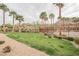 Expansive community green space with gravel walking path, tropical palm trees, and desert landscape features at 376 Yellow Finch Ln, Henderson, NV 89012