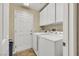 Convenient laundry room features a washer, dryer, storage cabinets, and access to the backyard at 7307 Lansbrook Ave, Las Vegas, NV 89131