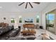 Cozy living room with a comfortable leather sofa, modern entertainment center, and large windows at 11813 Pippa Ave, Las Vegas, NV 89138