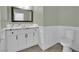 Elegant bathroom with marble countertops, wainscoting and stylish fixtures offers a serene and luxurious retreat at 1324 European Dr, Henderson, NV 89052