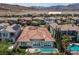 Aerial shot of the home's back exterior, showcasing a private pool and well-manicured yard at 2080 Orchard Mist St, Las Vegas, NV 89135