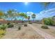 Desert landscaped backyard with stone path, trees, and view of mountains at 2764 Leys Burnett Ave, Henderson, NV 89044