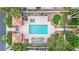 Aerial view of a backyard oasis showcasing a pool, spa, outdoor seating, and lush landscaping at 3080 Yankee Clipper Dr, Las Vegas, NV 89117