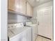 This well-lit laundry room includes a washer, a dryer and overhead cabinets for storage at 3413 Freestone Ln, North Las Vegas, NV 89032
