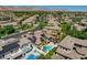 Wide aerial view of a residential neighborhood showcasing homes with pools, landscaping, and solar panels at 3614 Coventry Gardens Dr, Las Vegas, NV 89135