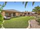 Lush backyard with manicured lawn, mature palms, and shaded seating area at 4187 Pacifico Ln, Las Vegas, NV 89135