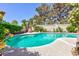 Sparkling backyard pool surrounded by lush landscaping and mature trees, creating a private oasis at 8244 Horseshoe Bend Ln, Las Vegas, NV 89113