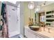 Well-lit bathroom featuring a unique vessel sink, shower and built in shelving at 8525 W Verde Way, Las Vegas, NV 89149