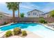 Stunning pool with tile accents surrounded by lush greenery and mature palm trees at 11219 Castellane Dr, Las Vegas, NV 89141