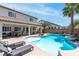 A backyard oasis with sparkling pool, a covered patio, lounge chairs and mature palm trees at 11219 Castellane Dr, Las Vegas, NV 89141