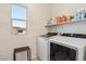 Bright laundry room with modern washer and dryer units and convenient shelving at 12053 Arrebol Ave, Las Vegas, NV 89138