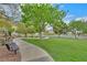 Lush green space in a well-maintained community featuring a park bench and walking path for relaxation at 10409 Snowdon Flat Ct, Las Vegas, NV 89129