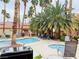 Community pool and hot tub with barbecue, tables, and lounge seating surrounded by palm trees at 2925 Wigwam Pkwy # 724, Henderson, NV 89074