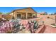 Large backyard with pink cactus landscaping, patio, and block wall at 5500 E Volterra Dr, Pahrump, NV 89061