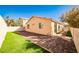 A cozy backyard featuring artificial grass, brick pavers, and a well-maintained block wall fence at 5575 Cresent Valley St, Las Vegas, NV 89148