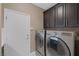 Clean and bright laundry room boasts stainless steel washer and dryer next to the exterior door at 5858 Majestic Tide Ave, Las Vegas, NV 89131