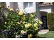 Charming landscaping with colorful flowers and greenery surrounds the entrance of this lovely home at 8848 Rainbow Ridge Dr, Las Vegas, NV 89117
