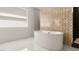 Modern bathroom with standalone tub, geometric tile accent wall, and marble floors at 10752 Patina Hills Ct, Las Vegas, NV 89135