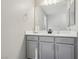 Bathroom vanity featuring modern fixtures, a sleek countertop, and ample storage space with gray cabinets at 10933 Sageview Ave, Las Vegas, NV 89166