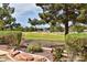 Backyard features mature landscaping, a wrought iron fence, and picturesque views of the adjacent golf course at 42 Gulf Stream Ct, Las Vegas, NV 89113