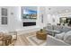 Bright living room with fireplace, TV, modern sofas, and light wood floors at 5225 Villa Dante Ave, Las Vegas, NV 89141