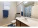 Well-lit bathroom featuring a single vanity and shower with decorative curtain at 623 Blue Snow River Ct, Henderson, NV 89002