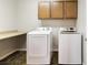 Functional laundry area with overhead cabinets, counter space, and modern washer/dryer units at 623 Blue Snow River Ct, Henderson, NV 89002
