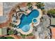 Aerial view of a luxurious backyard oasis with a custom-designed pool, hot tub, and serene water features at 7760 Haven St, Las Vegas, NV 89123